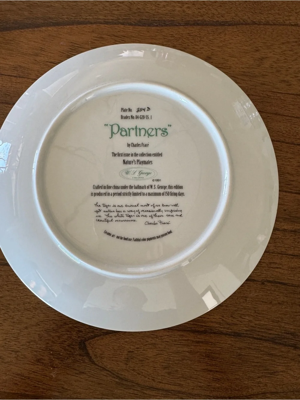 Charles Fracé “Partners” White Tiger Collector Plate – W.S. George 1991